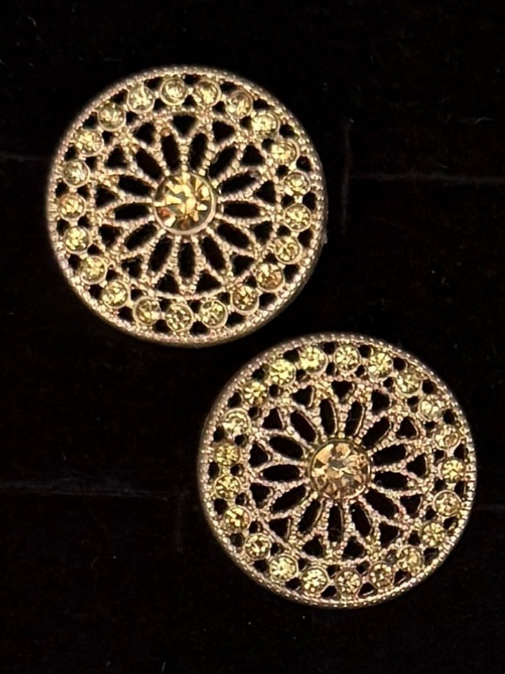 Vintage Goldtone Filigree Round Pierced Earrings Clear Center Accent
